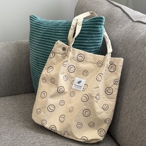 Smiley Face Canvas Tote Bag - Tan